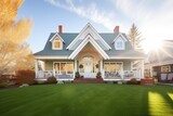 sunlit gambrel roof home with manicured front lawn