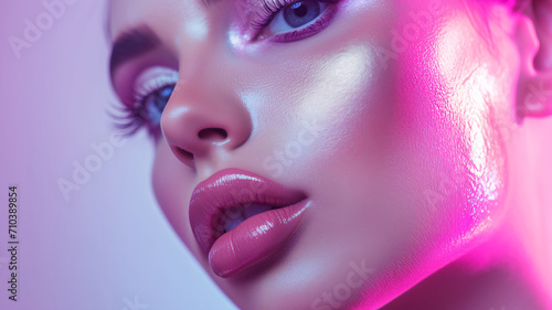 Closeup of a beautiful woman with pink shiny makeup. fashion photography