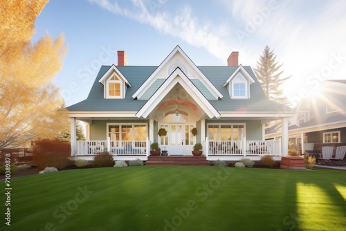 sunlit gambrel roof home with manicured front lawn photo
