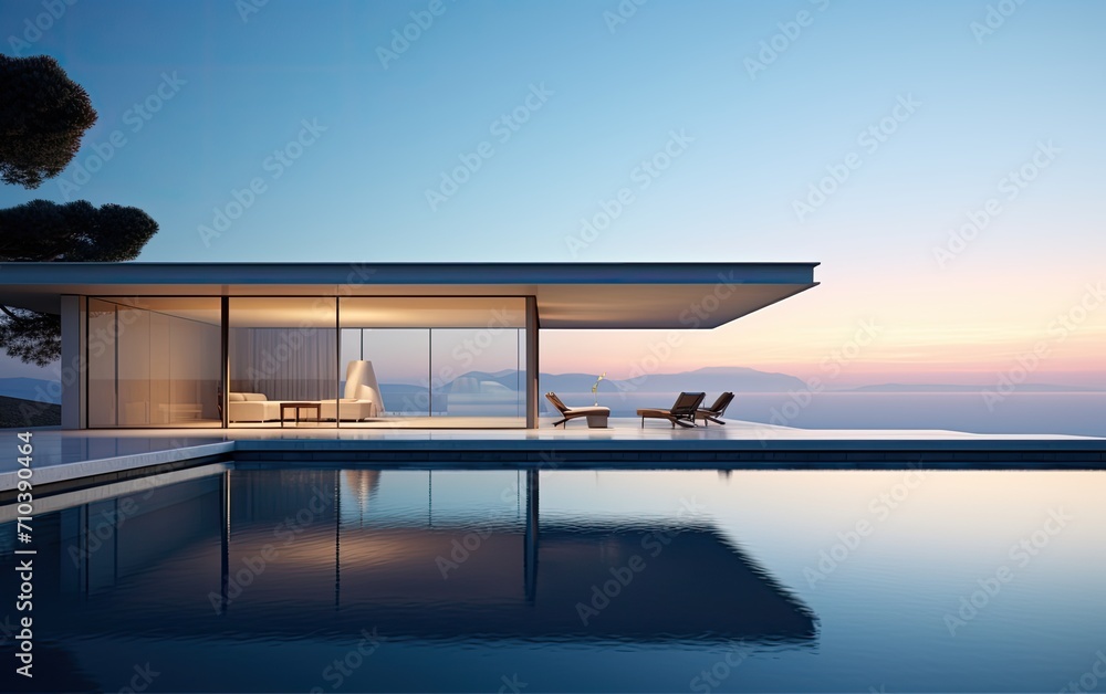 Fototapeta premium Empty modern room with sea view and bench