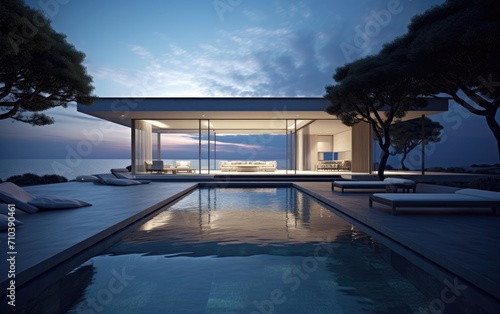 Empty modern room with sea view and bench photo