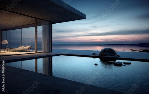 Empty modern room with sea view and bench