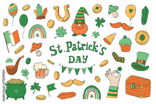 St. Patrick's day doodles collection, hand drawn cartoon decorative elements for stickers, prints, cards, sublimation, posters, etc. EPS 10