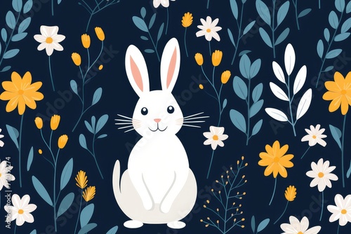 Enchanting Easter Bunny and Egg Pattern with Spring Florals on Dark - Generative AI