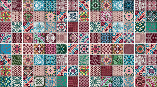 Seamless vintage colorful tiled wall and floor pattern with unique mixed design pattern modern decor background. 