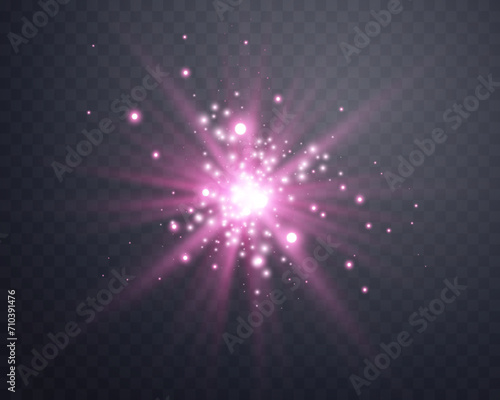 Sunlight lens flare, sun flash with rays and spotlight. Pink glowing burst explosion on a transparent background. Vector illustration