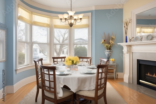 victorian dining room with elegant bay window setup © studioworkstock