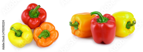 yellow orange and red sweet bell pepper isolated on white background. Top view. Flat lay