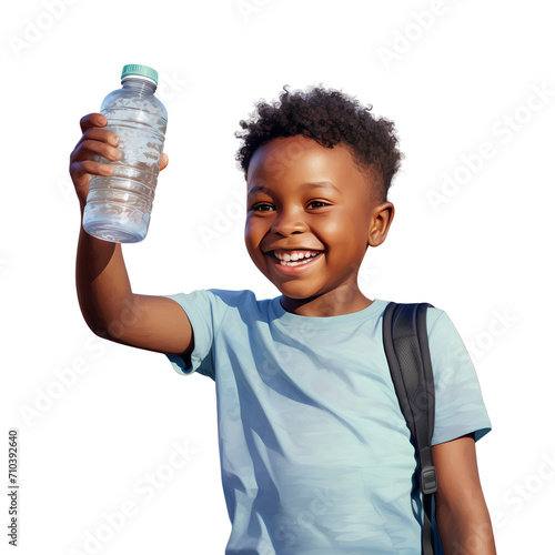 A black young boy stood holding an empty water bottle and smiled, isolated on transparent background photo