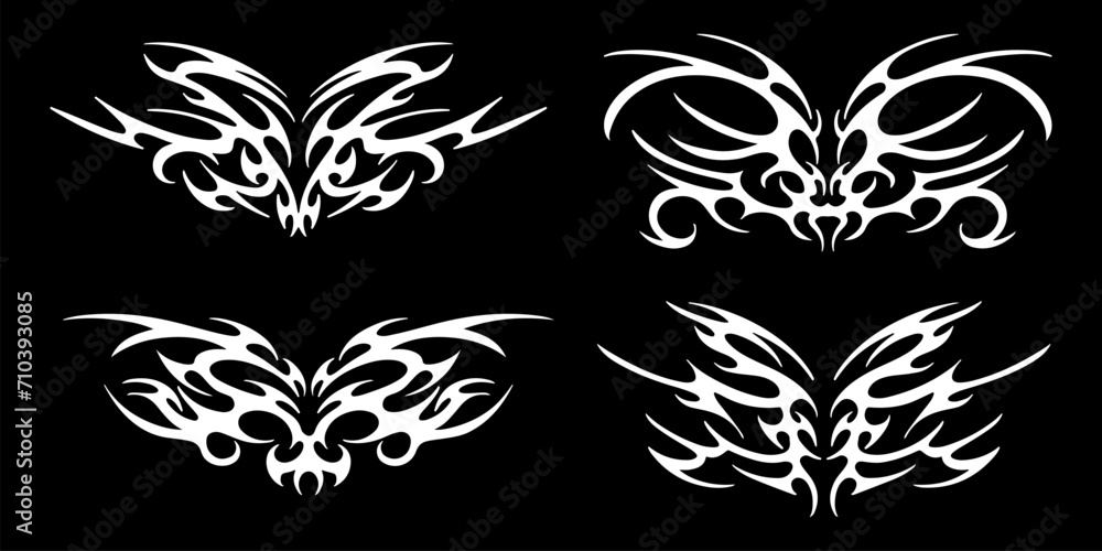 Set of elements in the neotribal style. Abstract ethnic shapes in gothic style. Cyber sigilism for streetwear, merch, t shirt. Vector illustration Set of elements in the neotribal style. Abstract ethnic shapes in gothic style. Cyber sigilism for streetwear, merch, t shirt. Vector illustration