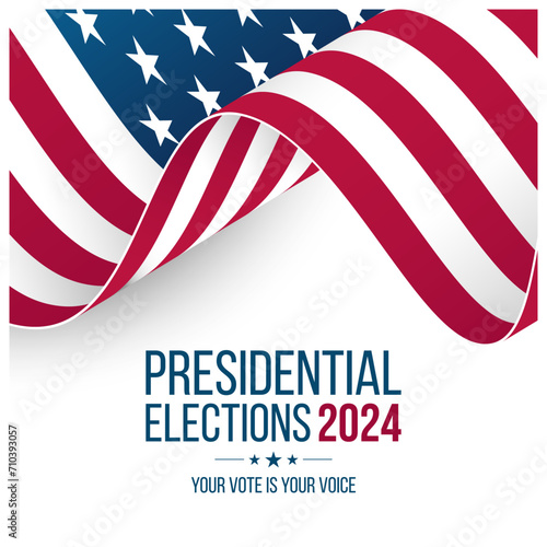 USA Presidential Elections. 2024 US President Election Event. Vote Day. Waving American flag. White background. Vector illustration.