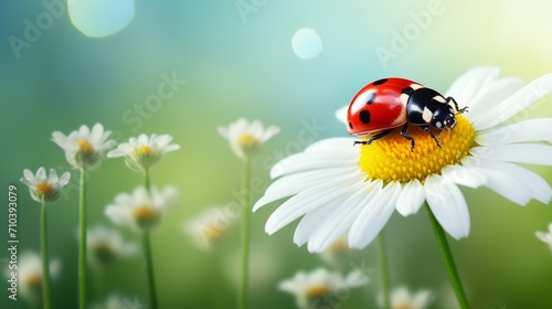 red ladybug on camomile flower in spring on green background with space for text