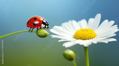 red ladybug on camomile flower in spring on green background with space for text