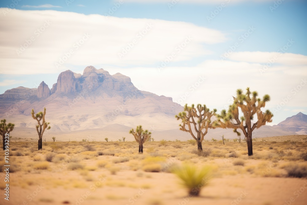joshua trees with mountain landscape in the mojave
