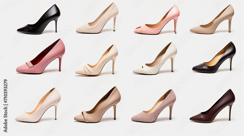 Female shoes collection. High heel shoes set in different styles and colors isolated on white background Female shoes collection. High heel shoes set in different styles and colors isolated on white background