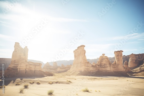 ancient rock formations in desert under afternoon sun
