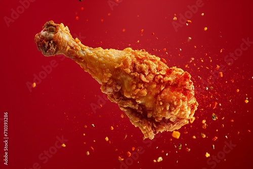 Flying pieces of golden brown fried chicken drumsticks with spices against red background