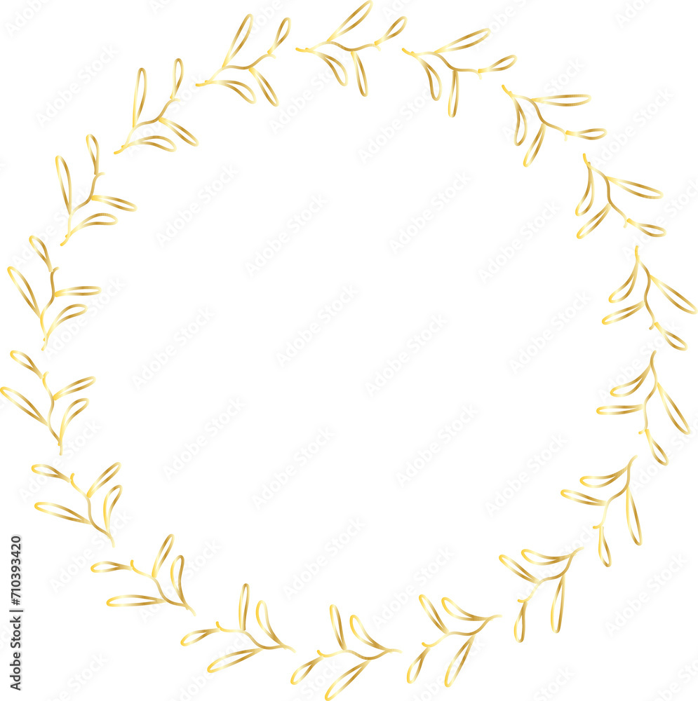 Leaf round frame gold illustration on transparent background.
