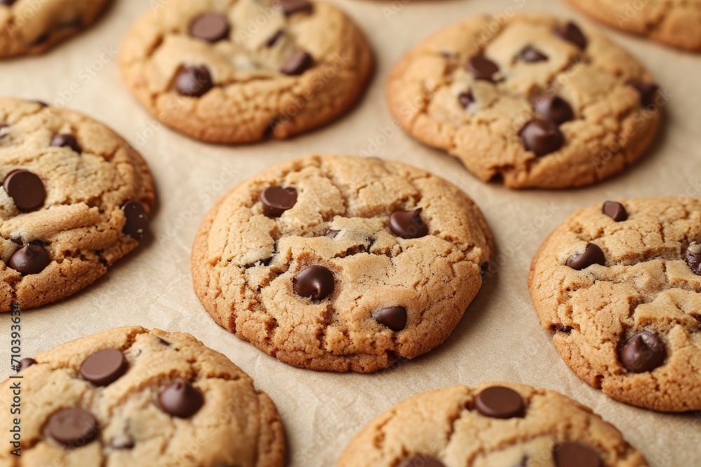 Freshly baked chocolate chip cookies, isolated on a beige background