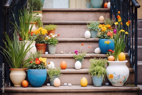 cascading eggs down steps with potted flowers