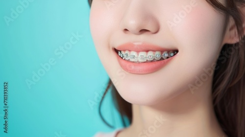 歯の矯正器具を装着した女性の口元 