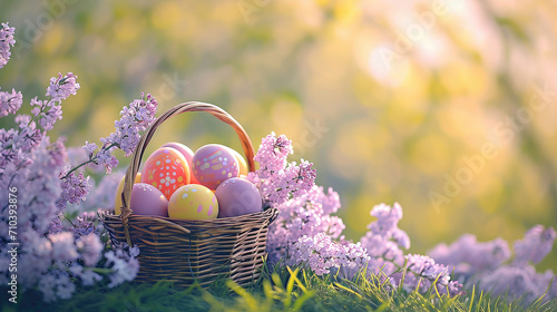 Colorful Easter eggs in a pastel basket on a bokeh background of lilac flowers under sunlight