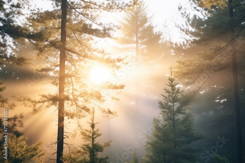 sunrise through dense pine trees, light rays piercing the fog