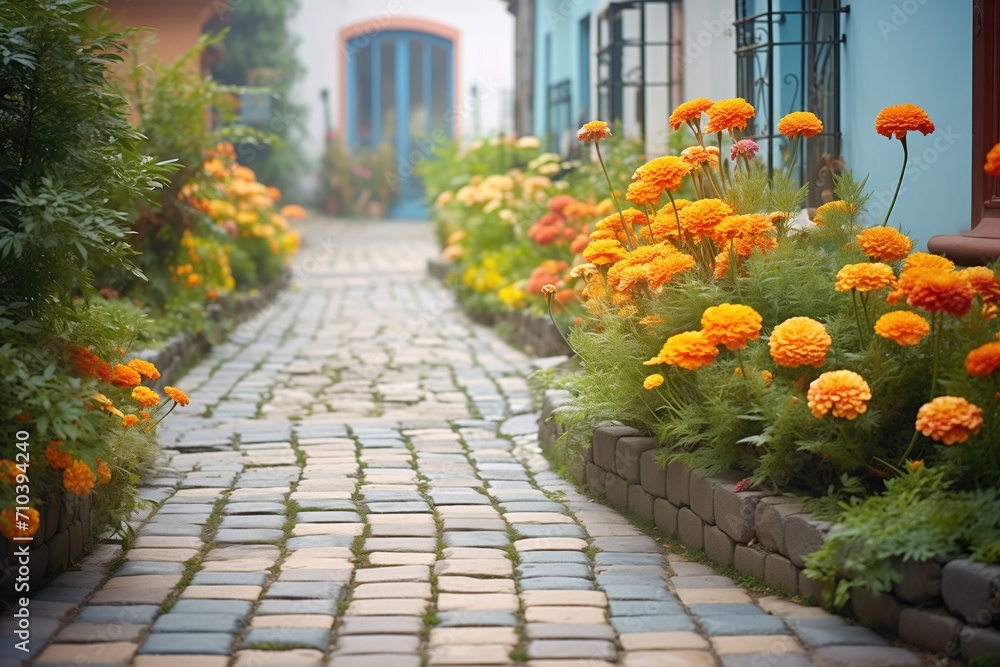 Obraz premium marigolds lining a cobblestone garden path