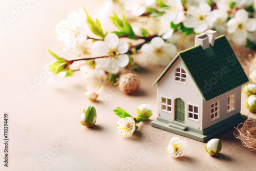 House model and flowering branches on wooden background. Concept of mortgage and real estate loans