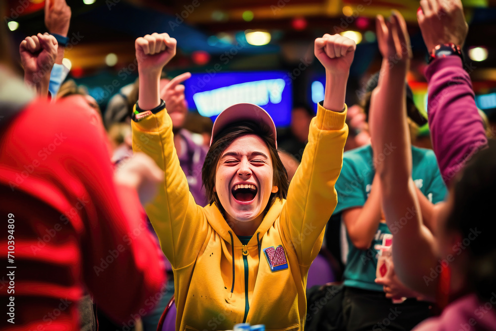 A joyful young woman with raised fists celebrating a moment of triumph among a vibrant crowd. A joyful young woman with raised fists celebrating a moment of triumph among a vibrant crowd.