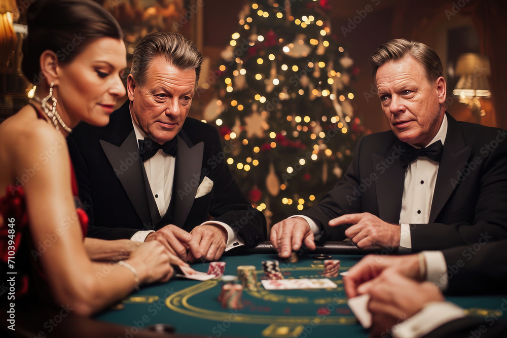 Elegant couple and man gambling at high-stakes poker table in a luxurious casino during festive holiday season. Elegant couple and man gambling at high-stakes poker table in a luxurious casino during festive holiday season.