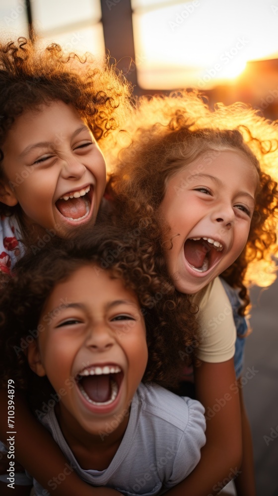 Three joyful  children with sunlit faces laughing and having fun in front of a building. Generative AI.