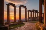 Walkway with ancient roman columns, ancient ruins at sunset from Generative AI