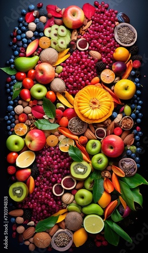 A vibrant assortment of fresh  colorful fruits and vegetables on a dark background. Generative AI.