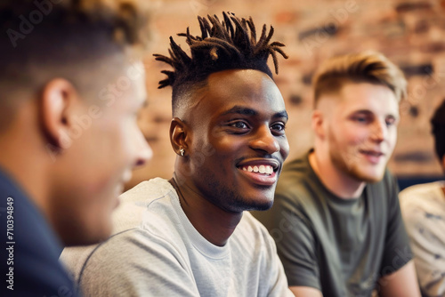 A joyful young man with friends smiling and enjoying a casual get-together indoors against a brick wall background.