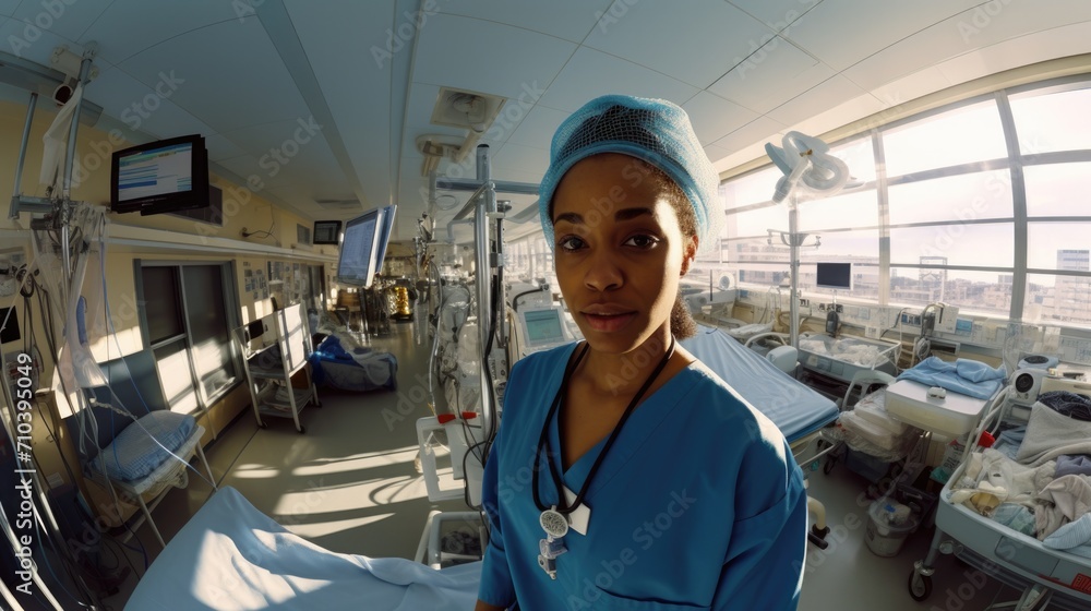A caring African American nurse in scrubs attentively records a patient's condition in a hospital room. Generative AI. A caring African American nurse in scrubs attentively records a patient's condition in a hospital room. Generative AI.
