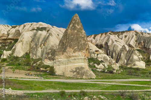 Typical Cappadocia landscape soft volcanic rock, shaped by erosion in Goreme, Turkey.