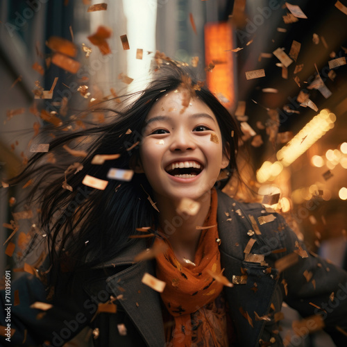 A joyful woman laughs as confetti falls from the sky. Generative AI.