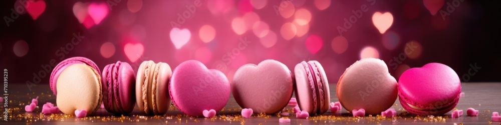 Obraz premium Macarons on a table with pink hearts. Generative AI.