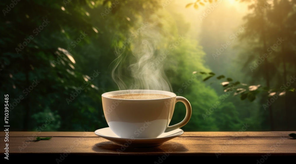 Obraz premium A steaming mug of coffee amidst a lush forest at sunrise, inviting you to savor the tranquility of nature and the warmth of your drink. Generative AI.