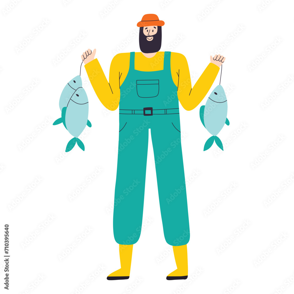 A man catches fish. Fishing concept. Happy male fisherman with a catch. Hand drawn vector illustration. A man catches fish. Fishing concept. Happy male fisherman with a catch. Hand drawn vector illustration.