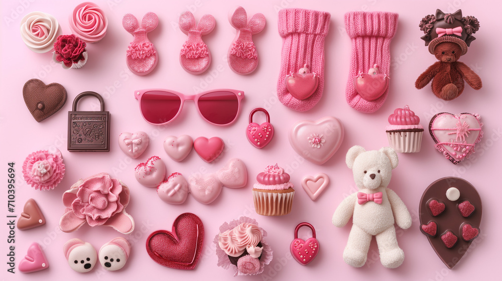 Valentines day desserts and decors set isolated on light pink background Valentines day desserts and decors set isolated on light pink background
