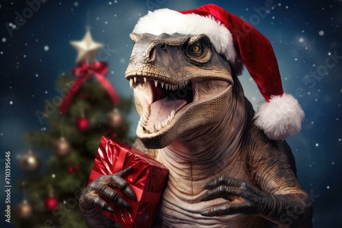 An illustration of a T-Rex wearing a Santa hat and holding a gift. Generative AI. © Natalia
