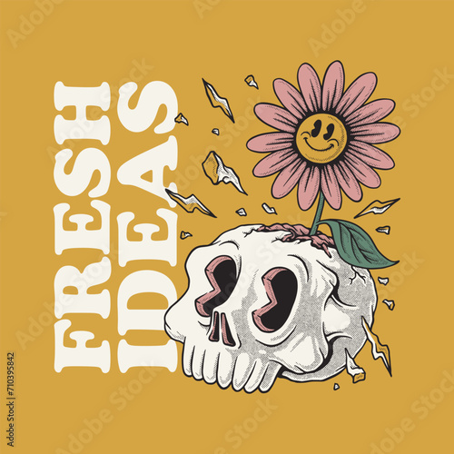 retro cartoon emblem of flower blooming from the skull