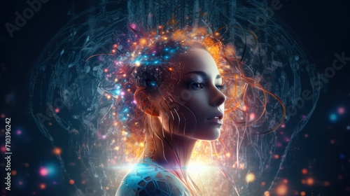 Artificial intelligence face , technology and digital concept, Women AI face #710396242