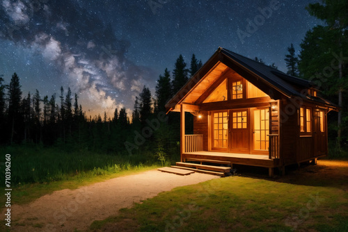 Aesthetic view of  an old wooden cottage in a breezy forest at night