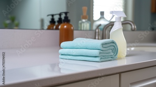Square Countertop with jar of detergent and folded towels over cabinets close up