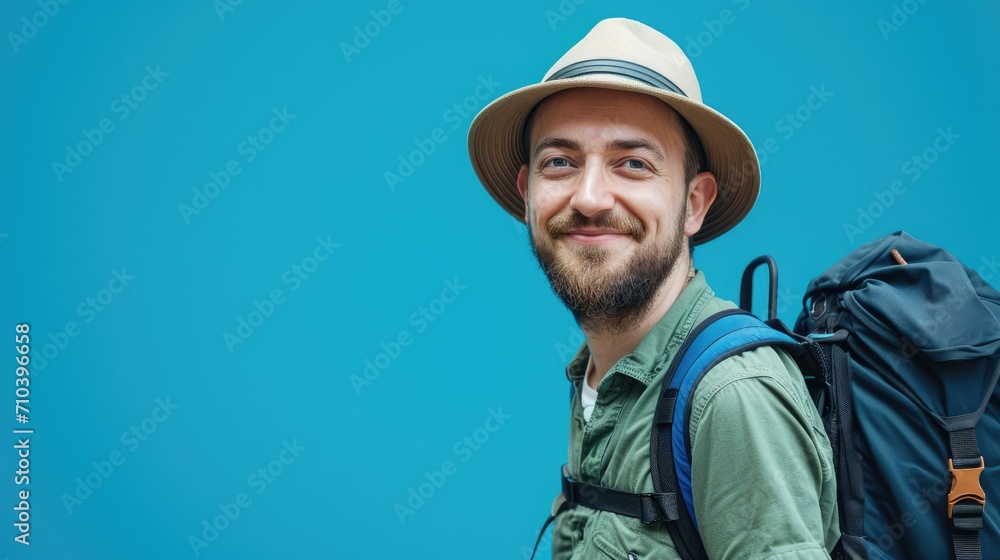 Smiling Hiker with Backpack on Bright Turquoise Background Smiling Hiker with Backpack on Bright Turquoise Background