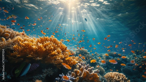 Underwater Shot of a Sustainable Coral Farm, showcasing vibrant marine life in the glimmer of morning rays photo