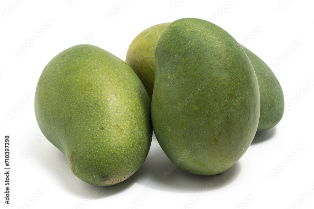 Three fresh organic green mango delicious fruit side view isolated on white background clipping path Three fresh organic green mango delicious fruit side view isolated on white background clipping path